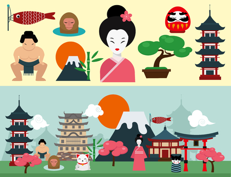 Japan landmark travel icons collectionのイラスト素材