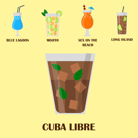 Alcohol drinks beverages cocktail whiskey lager refreshment container and menu drunk concept different glasses vector illustration. Restaurant tequila rum party pub cognac.のイラスト素材