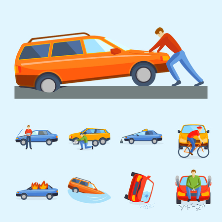 Car crash collision traffic insurance safety automobile emergency disaster and emergency disaster speed repair transport vector illustration. Auto accident involving broken transportation.のイラスト素材