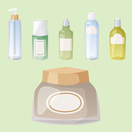Group of bottles of cosmetic cosmetology makeup beauty supplies and cream container plastic detergent liquid domestic fluid bottle lotion pack vector illustration.のイラスト素材