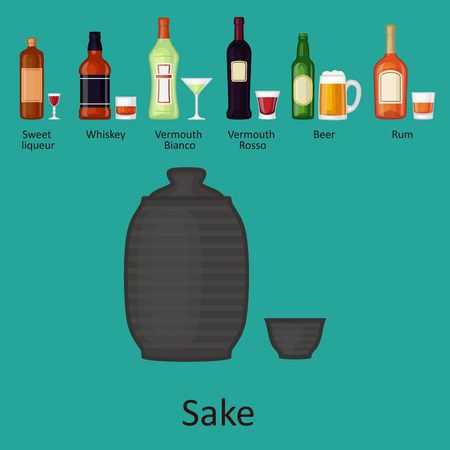 Alcohol drinks beverages cocktail bottle lager container drunk different glasses vector illustration.のイラスト素材