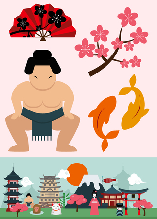 A Japan landmark travel vector icons illustration. Asian decorative famous sign.のイラスト素材