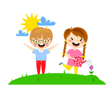 Kids play, enjoying spring arrival, warm summer, little characters happy playing  illustration.のイラスト素材