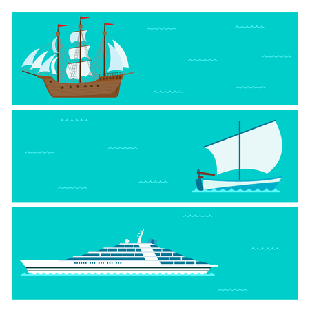Ship cruiser boat sea brochure vessel travel industry vector sailboats cruise set of marine cardsのイラスト素材