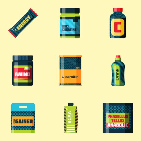Sports nutrition icons in flat style vector illustration.のイラスト素材