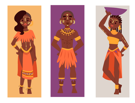 Maasai couple African people cards in traditional clothing vector illustration.のイラスト素材