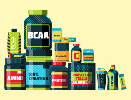 Sport nutrition healthy food fitness diet bodybuilding proteine power drink athletic supplement energy vector illustration.のイラスト素材
