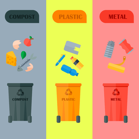 Different recycling garbage cards waste types sorting processing, treatment remaking trash utilize icons vector illustration.のイラスト素材