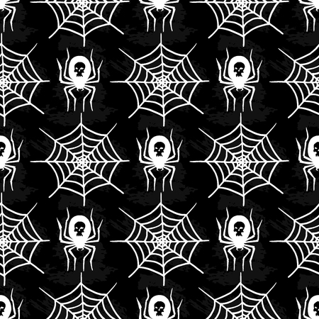 Spiders and spider web silhouette spooky seamless pattern background halloween vector cobweb decoration fear spooky net.のイラスト素材