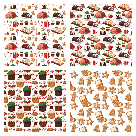Christmas food and desserts holiday decoration xmas sweet celebration vector traditional festive winter cake homemade dish seamless pattern background.のイラスト素材