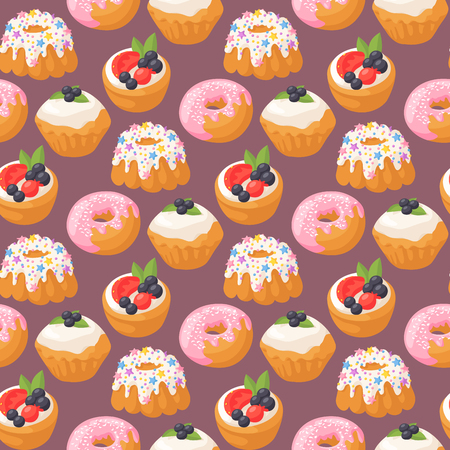 Cookie cakes tasty snack delicious chocolate homemade pastry biscuit sweet dessert bakery food seamless pattern background vector illustrationのイラスト素材