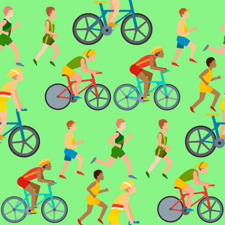 Athletic people jogging and cycling in seamless pattern. Healthy lifestyle vector illustrationのイラスト素材
