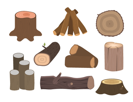 Stacked wood pine timber for construction building cut stump lumber tree bark materials vector illustration.のイラスト素材