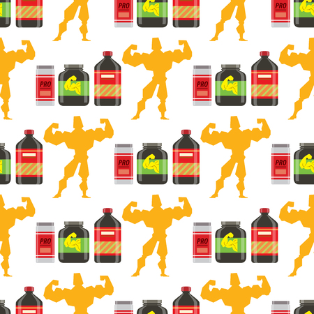 Sport nutrition healthy food fitness diet bodybuilding proteine power drink athletic supplement energy seamless pattern background vector illustration.のイラスト素材