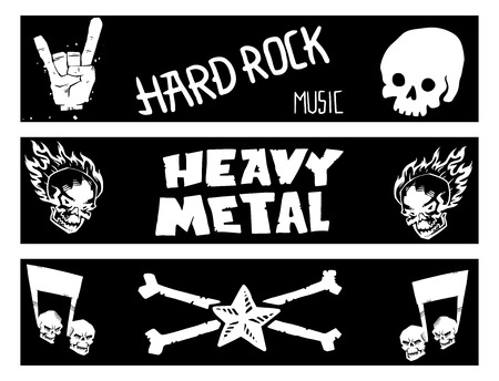 Heavy rock music banner vector vintage label with punk skull symbol hard sound sticker emblem illustrationのイラスト素材