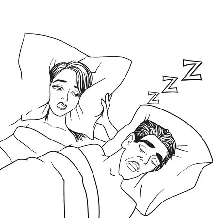Woman covering ears while man snoring in bed at home sleep problem vector.のイラスト素材