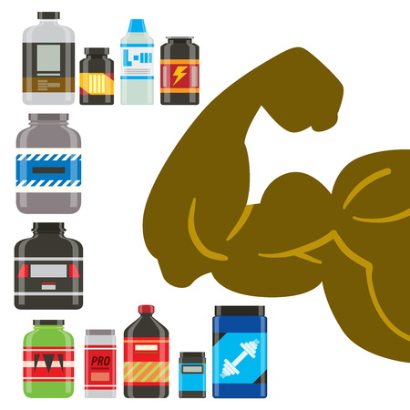 Sport nutrition healthy food vector fitness diet bodybuilding proteine power sport food and drink athletic supplement energy illustration.のイラスト素材