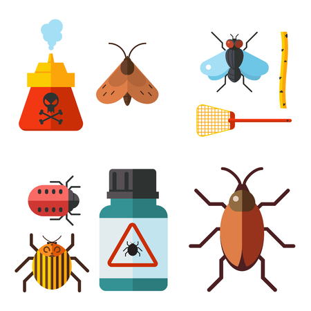 Home pest insect vector control expert vermin exterminator service pest insect thrips equipment flat icons illustration.のイラスト素材