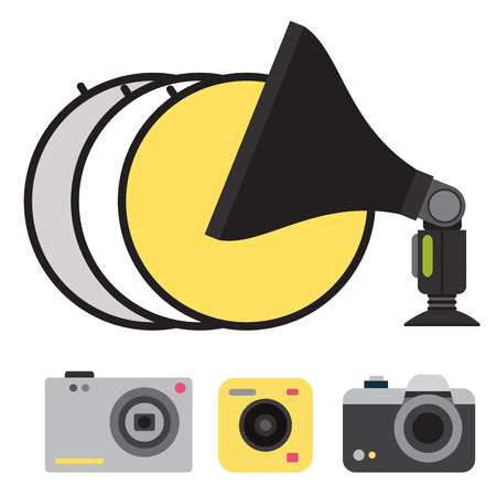 Camera photo vector studio icons optic lenses types objective retro photography equipment professional photographer look illustrationのイラスト素材