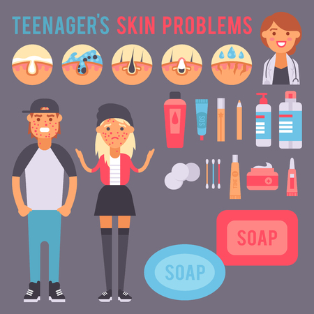 Facial care skin problems vector clean humancosmetic pimple dermatology instability facial skinny care teenager defects elements illustration.のイラスト素材