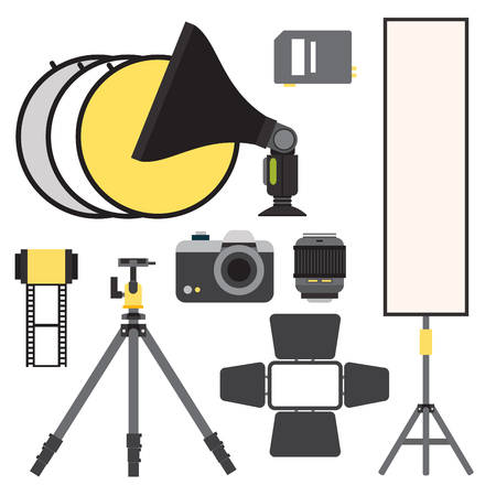 Camera photo vector studio icons optic lenses types objective retro photography equipment professional photographer look illustrationのイラスト素材