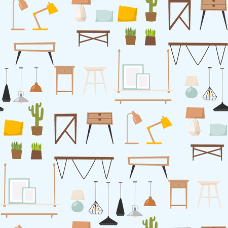 Furniture room design decor apartment elements and room interior design style concept vector. Home decor contemporary architecture seamless pattern background vector illustration.のイラスト素材