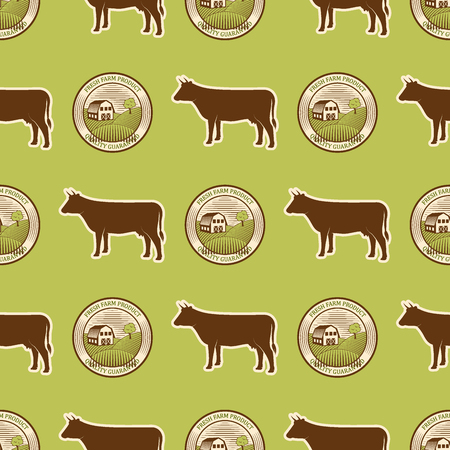 Organic vegan healthy food eco restaurant cow labels nature diet product seamless pattern background vector illustrationのイラスト素材