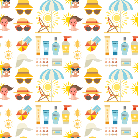 Beach accessories summer suntan vector fashion beach travel beautiful tropical lifestyle people illustration. Human cute woman degree of sunburn seamless pattern background.のイラスト素材