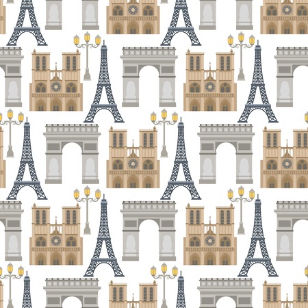 Paris vector famous travel cuisine traditional modern france culture europe eiffel fashion design architecture symbols illustration. Famous travel love Paris seamless pattern background.のイラスト素材