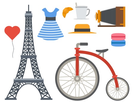 Paris icons vector famous travel cuisine traditional modern france culture europe eiffel fashion design architecture symbols illustration. Famous travel love Paris icons monument capital landmark.のイラスト素材