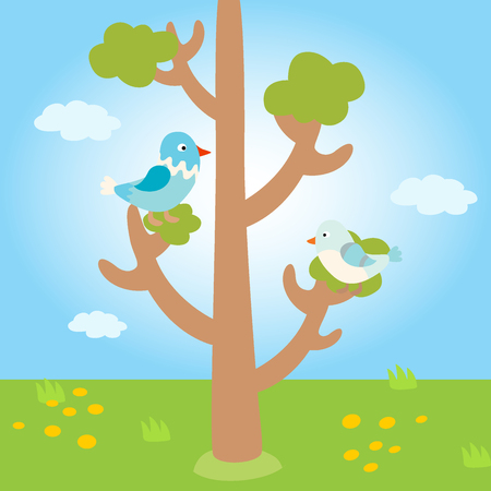 Two lovely birds spring card with tree and couple vector fall in love fly animals kissing with hearts yellow birds illustration. Valentine greeting card with two wedding birdsのイラスト素材