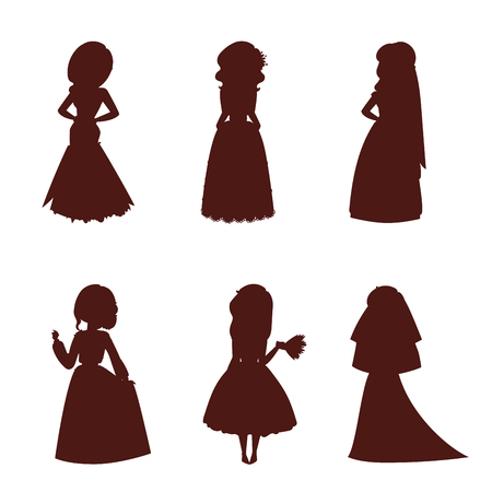 Wedding brides characters vector silhouette illustration celebration marriage fashion woman cartoon girl white ceremony marry dressのイラスト素材