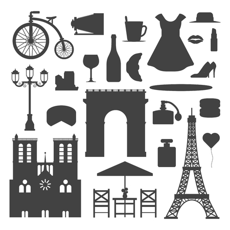Paris icons vector silhouette famous travel cuisine traditional modern france culture europe eiffel fashion design architecture illustration. Famous travel love Paris icons monument capital landmark.のイラスト素材