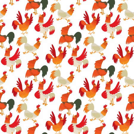 Cute cartoon rooster vector illustration, chicken character in seamless pattern background.のイラスト素材