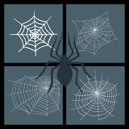 Set of spider web with spider at the center of four frames.のイラスト素材