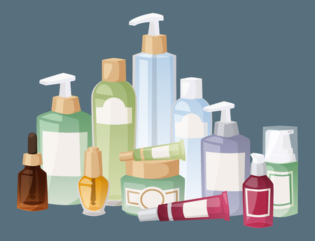 Bottles of cosmetics: cosmetology lotion, makeup beauty plastic liquid cream container, fluid pack. vector illustration.のイラスト素材