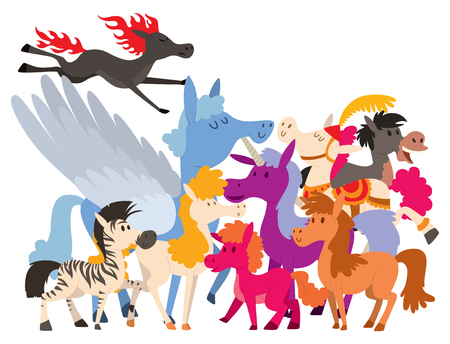 Horse , pony and stallion vector breeds color farm equestrian zoo character illustration.のイラスト素材