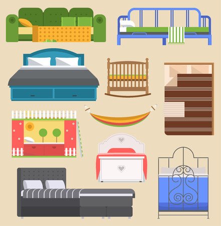 Sleeping bed furniture vector design bedroom with aerial view bed and interior room comfortable home relaxation apartment decor illustration. Luxury night bedding sleep hammock.のイラスト素材