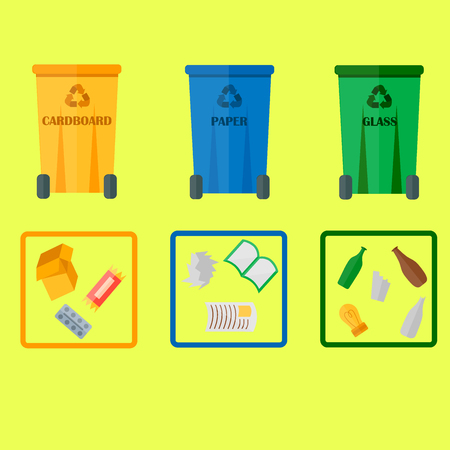 Different recycling garbage waste types sorting processing, treatment remaking trash utilize icons vector illustration.のイラスト素材