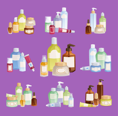 Cosmetic bottles template vector pack cosmetology makeup beauty supplies and cream container plastic detergent liquid domestic fluid bottle lotion pack cosmetic bottles vector illustrationのイラスト素材