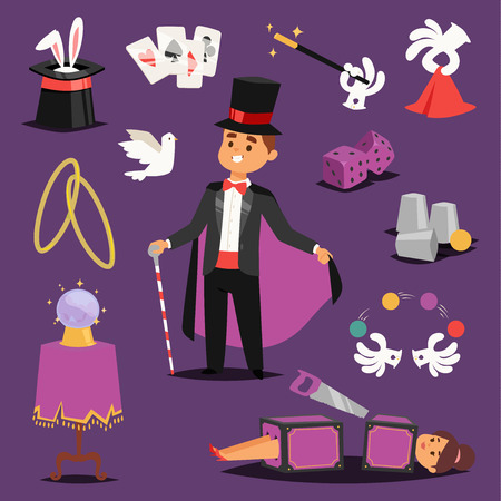 Illusionist vector magic man and saw woman on scene icons bunny, hat, ball fantasy witchcraft magic theater. Wizard hat entertainment performance magician illusionist. Imagination mystery concept.のイラスト素材