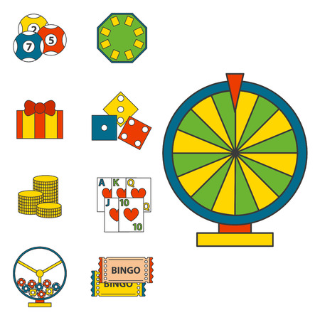 Casino game icons poker gambler symbols and blackjack cards money winning with roulette gambler joker slot machine concept vector illustration. Fortune roulette success entertainment play coin.のイラスト素材
