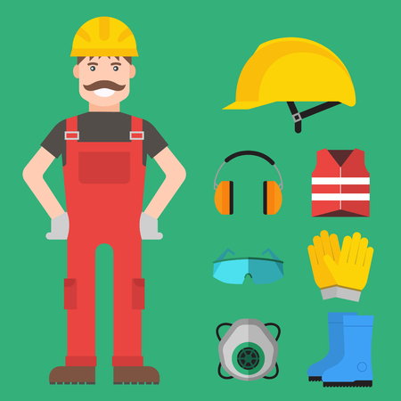 Safety industrial gear kit man tools flat vector illustration. Industrial safety body protection worker equipment elements factory engineer clothing.のイラスト素材