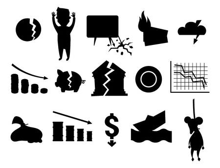 Crisis symbols black silhouette concept problem economy banking business finance design investment icon vector illustration. Money collapse depression credit economic.のイラスト素材