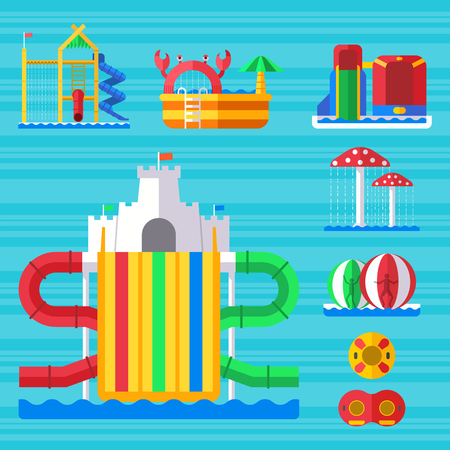 Water aqua park playground with slides and splash pads for family fun vector illustration.のイラスト素材