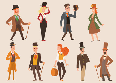 Vintage victorian cartoon gents retro people vector. Style fashion old people victorian gentleman clothing antique century character victorian gent people vintage wild west man and woman styleのイラスト素材