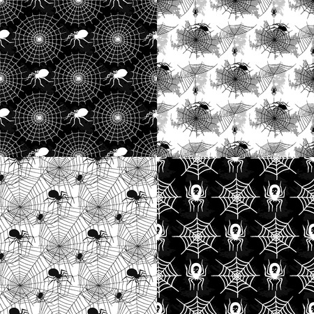 A Vector spider web silhouette spooky spiders seamless pattern background Halloween cobweb decoration fear spooky net.のイラスト素材