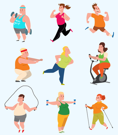 Vector sport fatty people fitness gym color flat icon workout set. Fat people fitness gym fat exercise health workout. Healthy young male and female fit obese lifestyle fat people fitness gymのイラスト素材