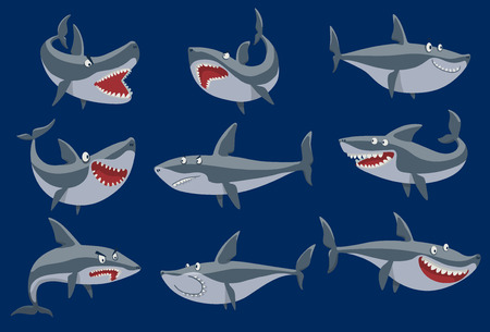 Vector funny cartoon shark fish swimming imal sea isolated shark character underwater cute marine wildlife mascot. Scary smile cool evil monster shark character funny predatorのイラスト素材