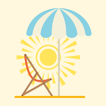 Sun beach view atropical sunny nature paradise concept with umbrella bright towel holiday travel design vector illustration. Summertime seaside landscapeのイラスト素材